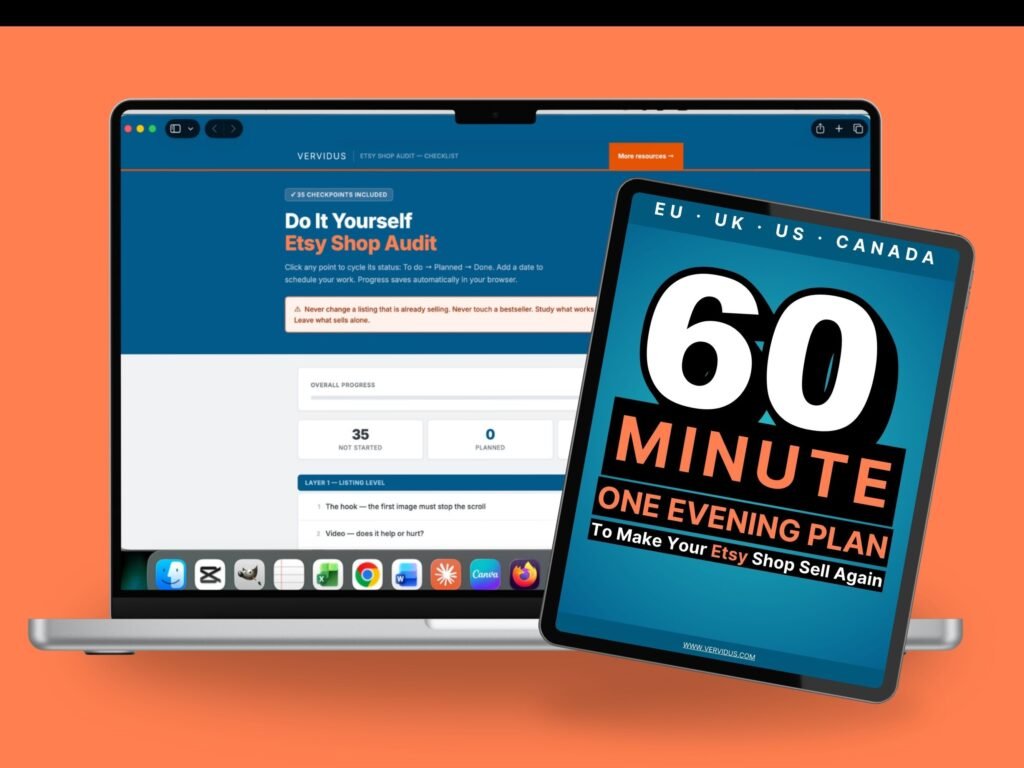 Etsy Shop Audit Checklist PDF and progress tracker shown on a laptop and phone Etsy Shop Audit Checklist PDF and progress tracker shown on a laptop and phone