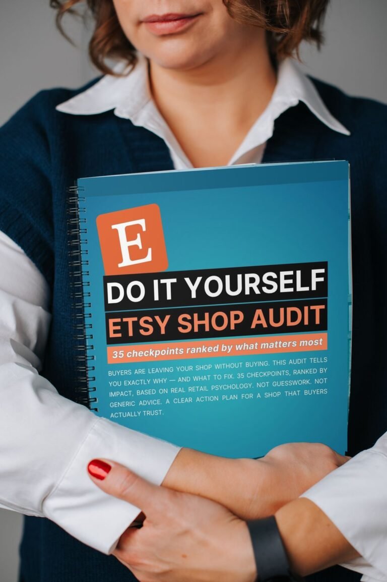 Vervidus founder holding the printed Do It Yourself Etsy Shop Audit