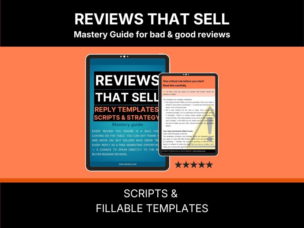 Reviews That Sell PDF guide open to a page of fill-in-the-blank Etsy review reply templates Reviews That Sell PDF guide open to a page of fill-in-the-blank Etsy review reply templates