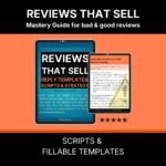 Reviews That Sell PDF guide open to a page of fill-in-the-blank Etsy review reply templates