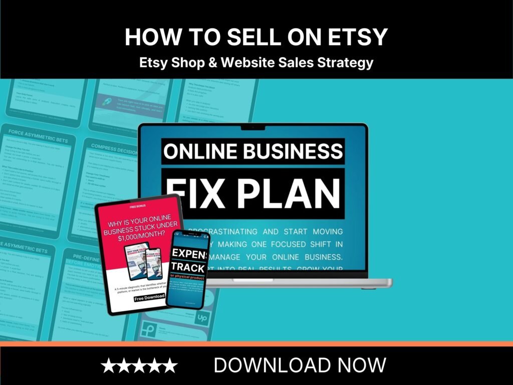 Online Business Fix Plan 22-page PDF guide shown on a laptop and tablet, open to the page where the reader writes down the one thing to fix