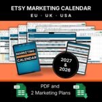 Etsy Marketing Calendar 2027 shown on a laptop and tablet, monthly tab with colour-coded calendar grid and task list
