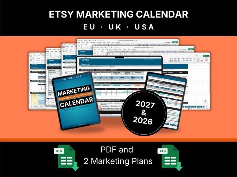 Etsy Marketing Calendar 2027 shown on a laptop and tablet, monthly tab with colour-coded calendar grid and task list