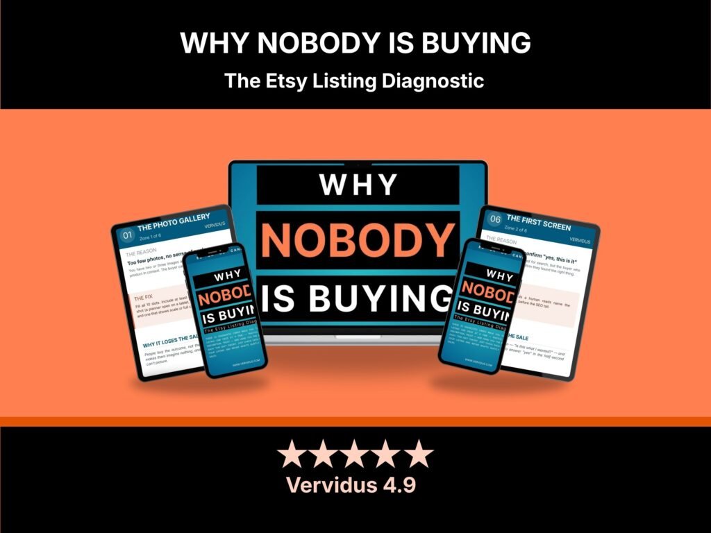 Why Nobody Is Buying diagnostic card deck for Etsy sellers, teal card showing a listing problem and its fix.
