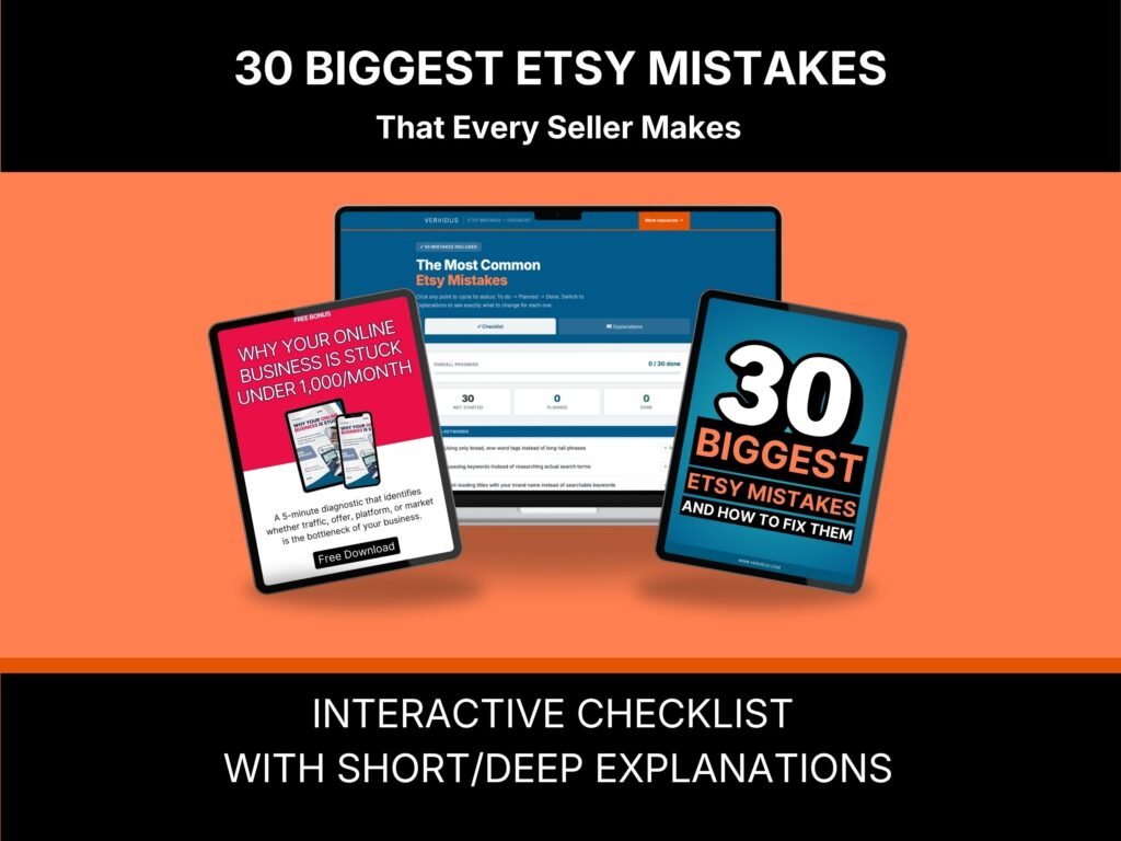30 Biggest Etsy Mistakes guide shown on a laptop and phone, with the interactive progress tracker open beside it showing items marked To Do, Planned and Done