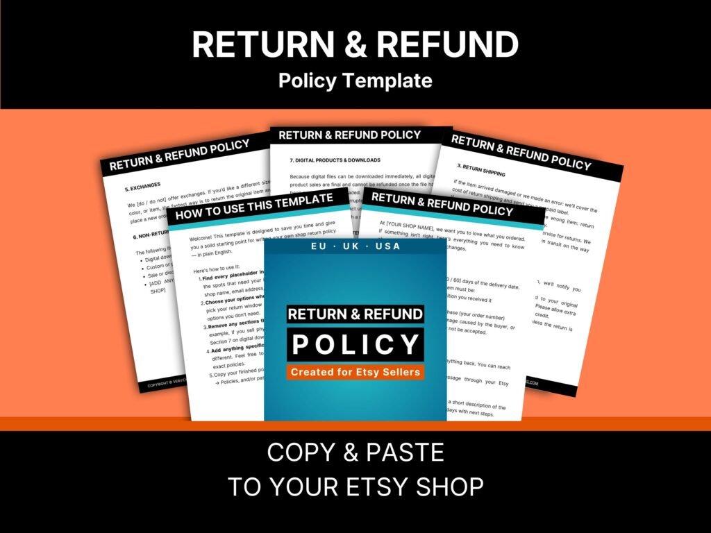 Etsy return policy template shown as a fanned stack of PDF pages with a blue EU UK USA cover