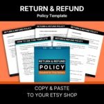 Etsy return policy template shown as a fanned stack of PDF pages with a blue EU UK USA cover