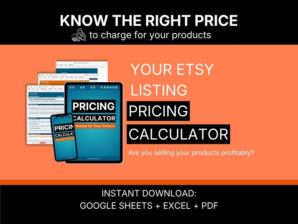 Etsy Pricing Calculator shown on a laptop and tablet, calculator tab with Etsy price and website price side by side