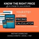 Etsy Pricing Calculator shown on a laptop and tablet, calculator tab with Etsy price and website price side by side