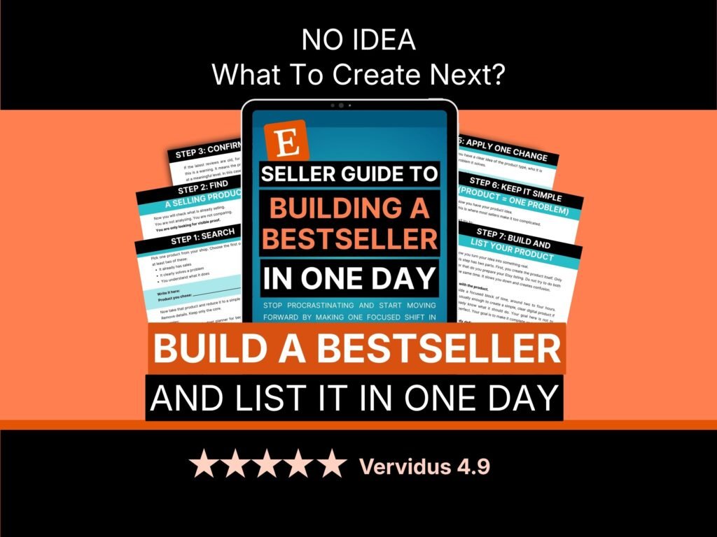 Seller Guide to Building a Bestseller in One Day — 30-page PDF shown on a laptop and tablet, open to the seven-step product research and build process