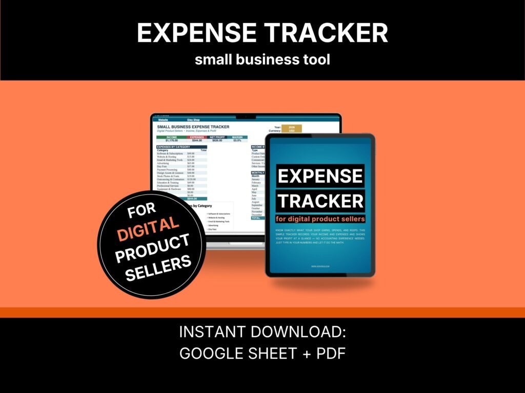 Expense tracker for Google Sheets shown on a laptop, dashboard with profit and margin Expense tracker for Google Sheets shown on a laptop, dashboard with profit and margin