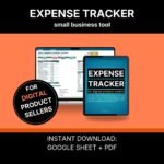 Expense tracker for Google Sheets shown on a laptop, dashboard with profit and margin