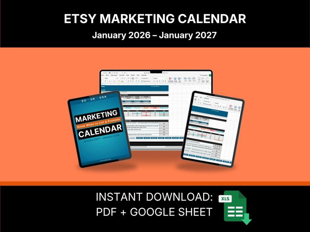 Etsy Marketing Calendar 2027 shown on a laptop and tablet, monthly tab with colour-coded calendar grid and task list