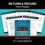 Return and refund policy template for online sellers in the EU, UK and USA, shown as a fanned stack of pages to copy and paste to your website