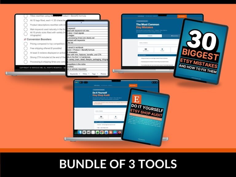 Etsy shop optimization bundle of three checklists on a laptop screen