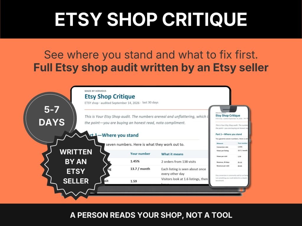 Etsy shop critique report cover: a personal audit showing where your shop stands and what to fix first.