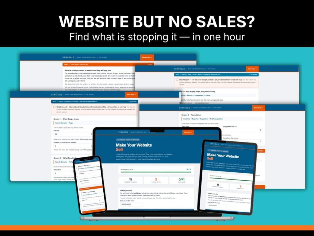 Make Your Website Sell check and guide open on a laptop, showing a list of website problems in the order to fix them